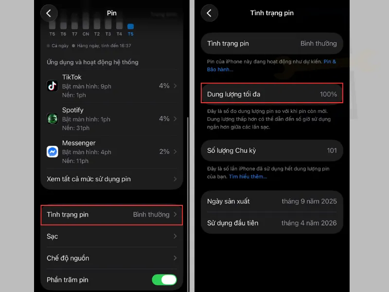 Dung lượng pin iPhone 15 Pro Max bao nhiêu thì thay?