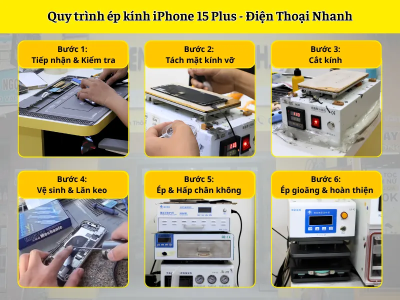 Quy trình ép kính iPhone 15 Plus chuẩn kỹ thuật