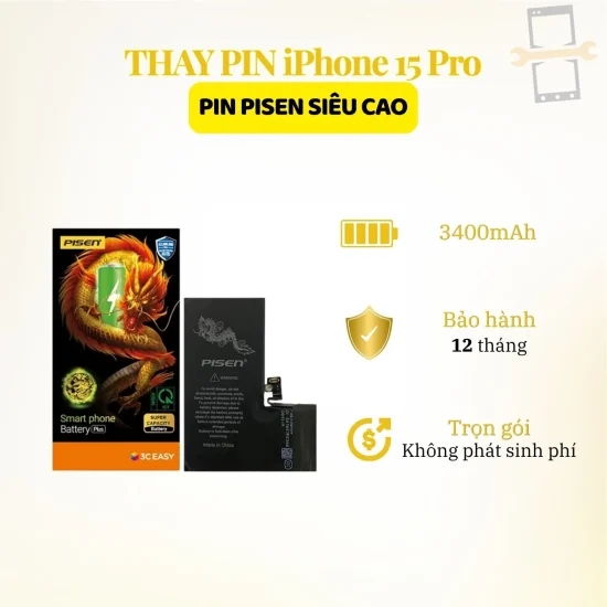 | Tháng 6 2026 Thay pin Pisen siêu cao iPhone 15 Pro