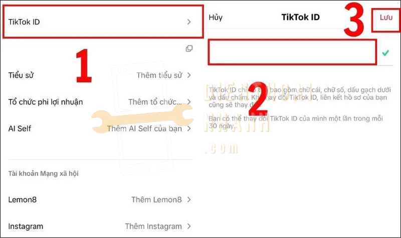 Chọn TikTok ID, nhập tên mới mong muốn và nhấn Lưu để hoàn tất thay đổi.