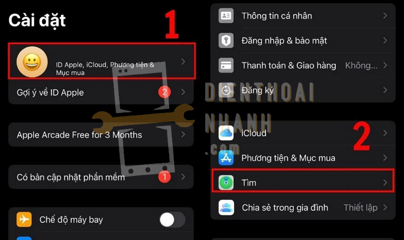 Mở ứng dụng Cài đặt trên iPhone, nhấn vào tên tài khoản Apple ID ở đầu trang, sau đó chọn Tìm.