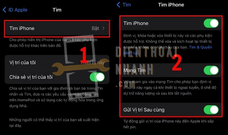 Chọn Tìm iPhone, gạt công tắc sang bật, đồng thời kích hoạt Mạng Tìm và Gửi vị trí sau cùng để tăng khả năng tìm kiếm khi mất máy.