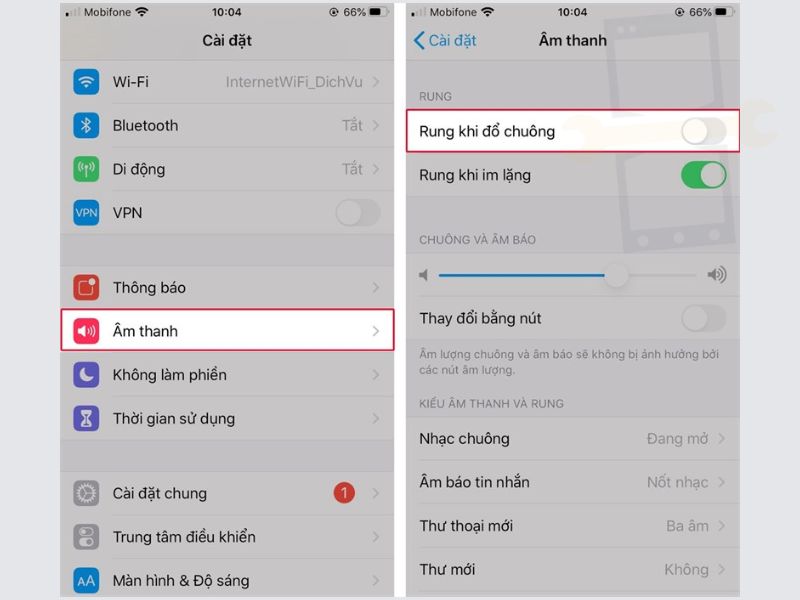 Tắt chế độ rung khi đổ chuông