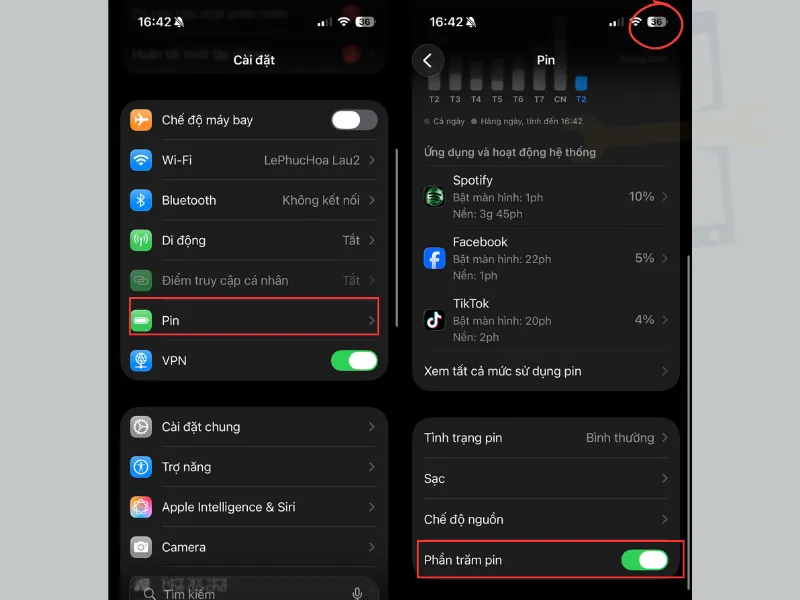 Hiển thị phần trăm pin iphone 12, 12 Pro, 12 Pro Max trong cài đặt