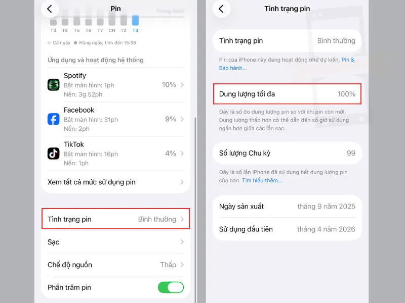 Dung lượng pin iPhone 15 bao nhiêu thì thay?