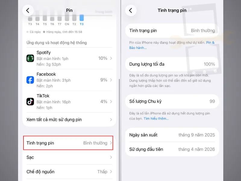 Cách kiểm tra tình trạng Pin dịch vụ iPhone 15 trở lên