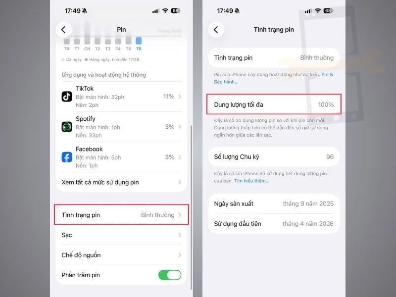 Kiểm tra trực tiếp trên iPhone