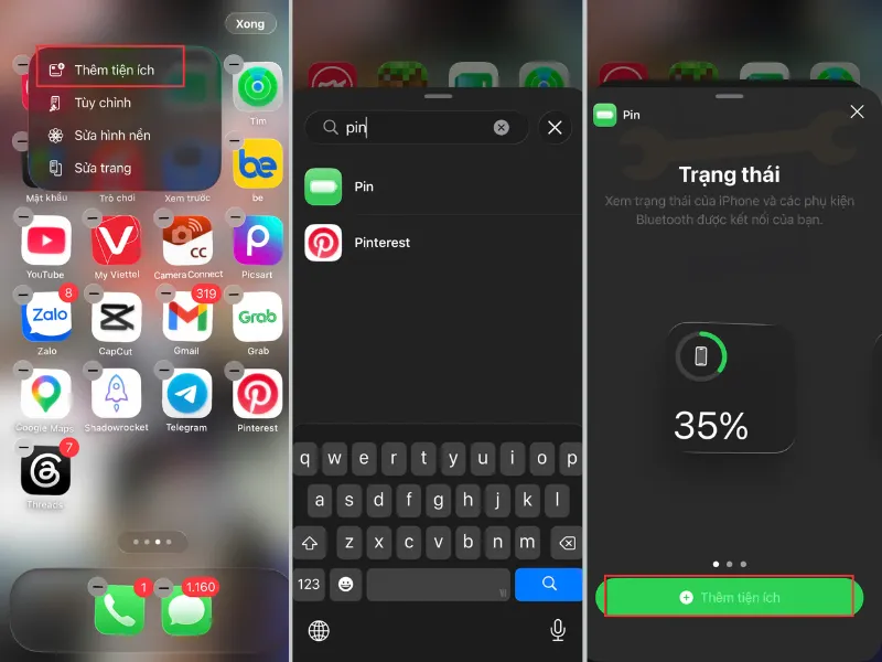 hêm Tiện ích Pin (Widget) ra màn hình chính