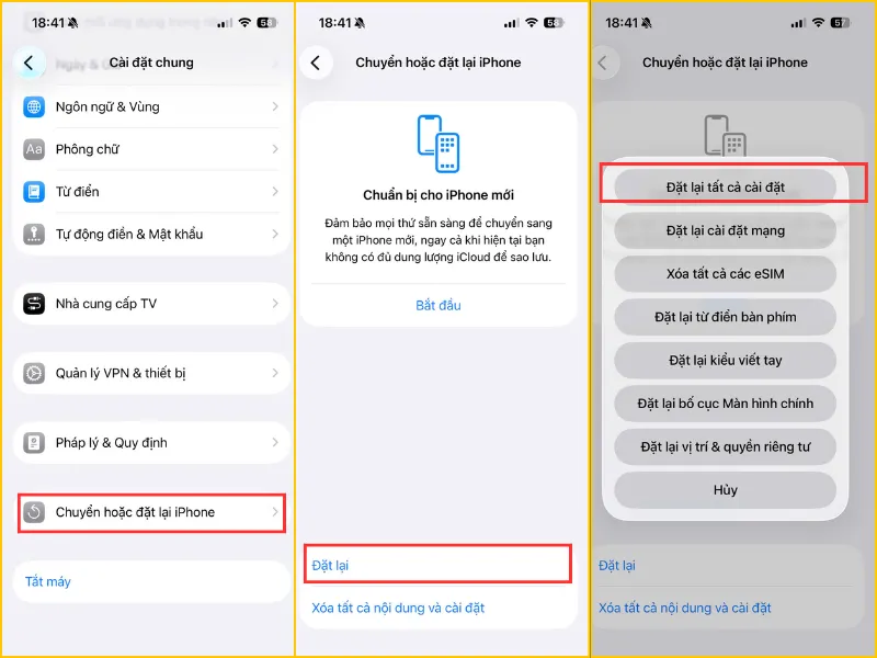 Đặt lại tất cả cài đặt