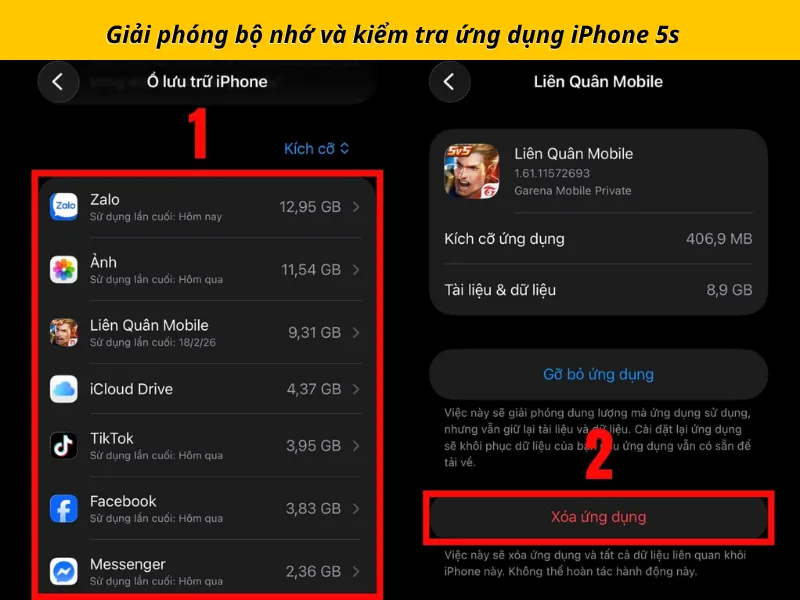 Giải phóng bộ nhớ và kiểm tra ứng dụng iPhone 5s