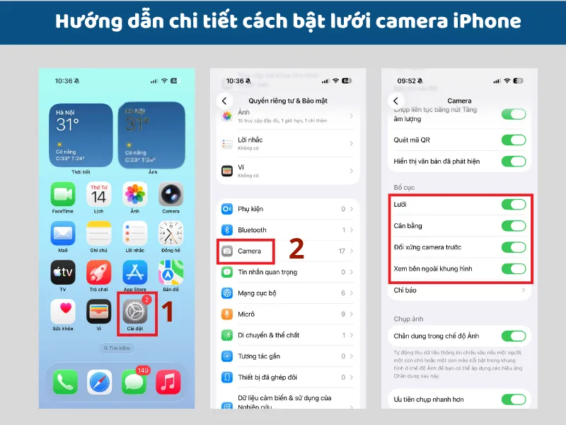 Hướng dẫn chi tiết cách bật lưới camera iPhone