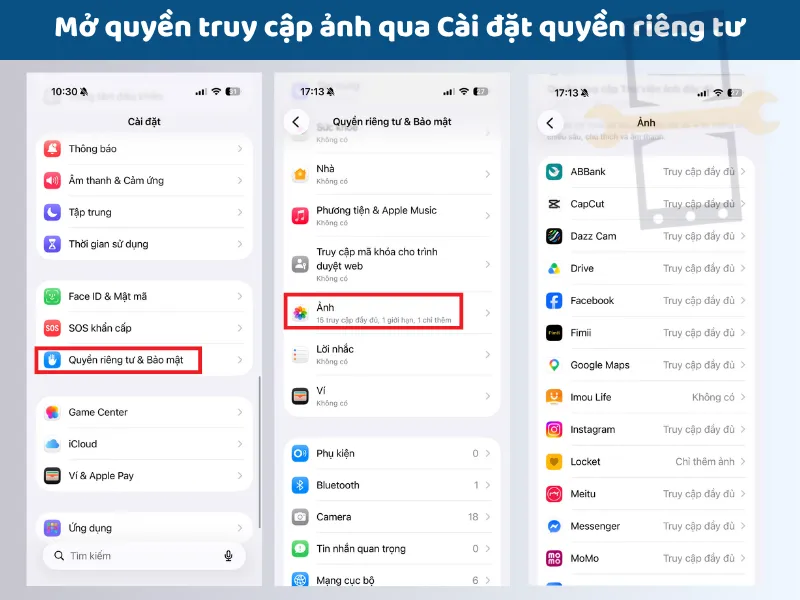 Mở quyền truy cập ảnh qua cài đặt quyền riêng tư