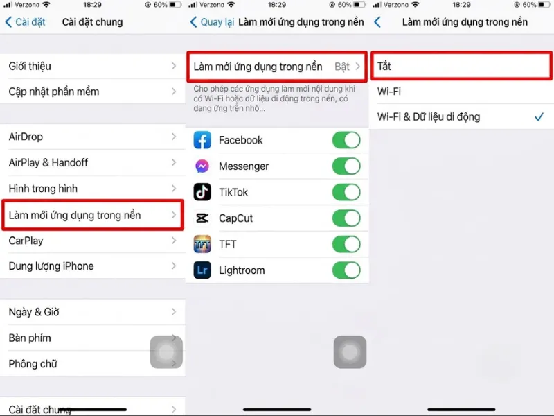 Tắt làm mới ứng dụng nền iPhone 6s