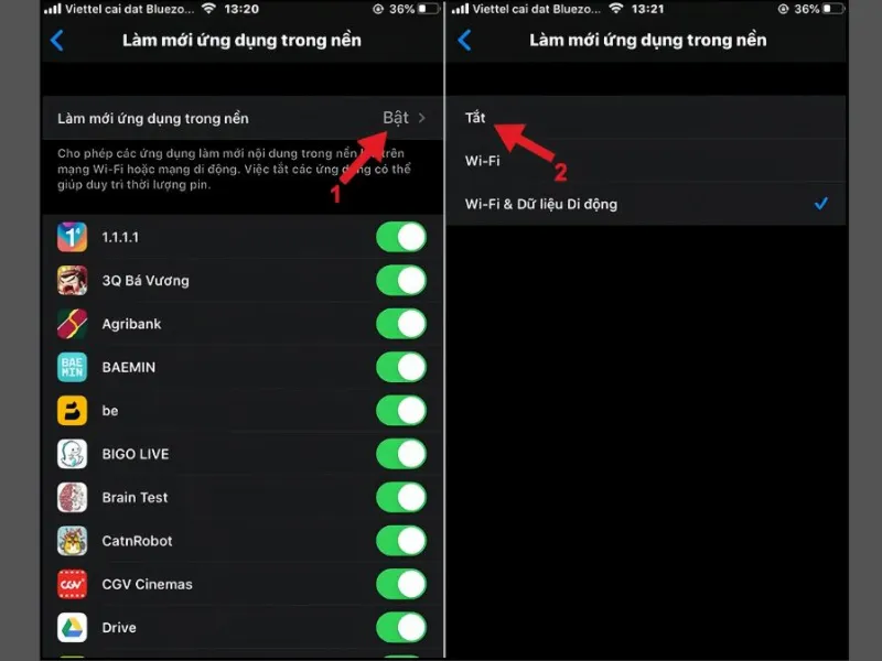 Tắt Làm mới ứng dụng trong nền